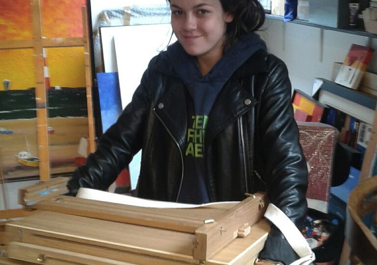 Hannah leaving with art materials